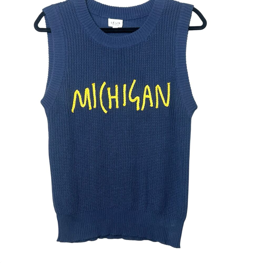 Le Lis University of Michigan Knit Sleeveless Sweater Vest Navy Yellow Sz Medium